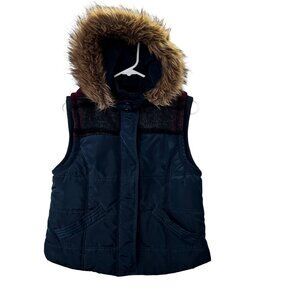 CoffeeShop Puffer Vest M Faux Fur Trim Navy Blue BKE Zip Snap Y2K